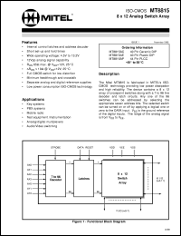 MT8815AC datasheet: 8x12 analog switch array. Applications: key systems, PBX systems, mobile radio, test equipment and instrumentation, analog and digital multiplexers, audio and video switching. MT8815AC