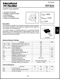 IRF820 datasheet: HEXFET power MOSFET. VDS = 500V, RDS(on) = 3.0Ohm , ID = 2.5A IRF820