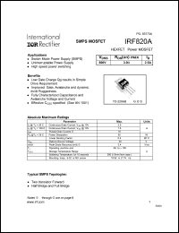 IRF820A datasheet: HEXFET power MOSFET. VDS = 500V, RDS(on) = 3.0Ohm , ID = 2.5A IRF820A