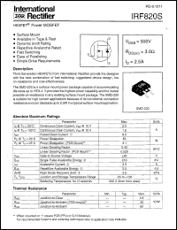 IRF820S datasheet: HEXFET power MOSFET. VDS = 500V, RDS(on) = 3.0Ohm , ID = 2.5A IRF820S