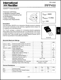 IRFP450 datasheet: HEXFET power MOSFET. VDSS = 500 V, RDS(on) = 0.40 Ohm, ID = 14 A IRFP450