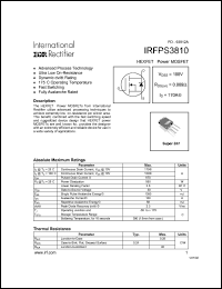 IRFPS3810 datasheet: HEXFET power MOSFET. VDSS = 100 V, RDS(on) = 0.009 Ohm, ID = 170 A IRFPS3810