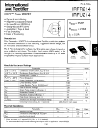 IRFR214 datasheet: HEXFET power MOSFET. VDSS = 250V, RDS(on) = 2.0 Ohm, ID = 2.2A IRFR214