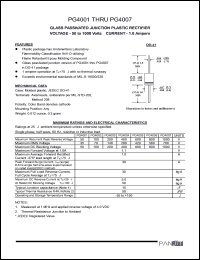 PG4001 datasheet: Glass passivated junction plastic rectifier. Max recurrent peak reverse voltage 50 A. Max average forward rectified current 0.375inches lead length at 75degC 1.0 A.. PG4001