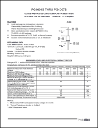 PG4001S datasheet: Glass passivated junction plastic rectifier. Max recurrent peak reverse voltage 50 A. Max average forward rectified current 0.375inches lead length at Ta = 75degC 1.0 A.. PG4001S