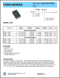 FDD01-05D0 datasheet: 1 W DC/DC converter,input voltage 4.5-5.5 V, output voltage +/-5 V, output current +/-100 mA FDD01-05D0