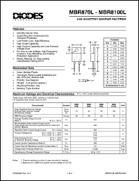 MBR8100L datasheet: 100V; 8.0A schottky barrier rectifier for use in low voltage, high frequency inverters, free wheeling and polarity protection applications MBR8100L