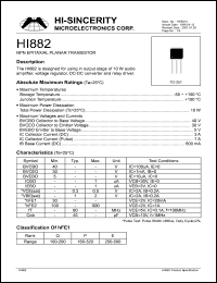 HI882 datasheet: Emitter to base voltage:5V 3A NPN epitaxial planar transistor for using in output stage of 10W audio amplifier HI882