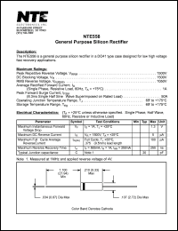 NTE558 datasheet: General purpose silicon rectifier. Peak repetitive reverse voltage 1500V. Average rectified forward current 1A. NTE558
