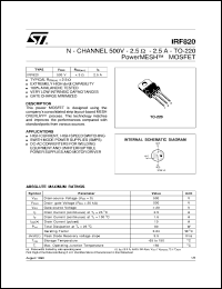 IRF820 datasheet: N-CHANNEL 500V - 2.5 OHM - 2.5A - TO-220 POWERMESH MOSFET IRF820